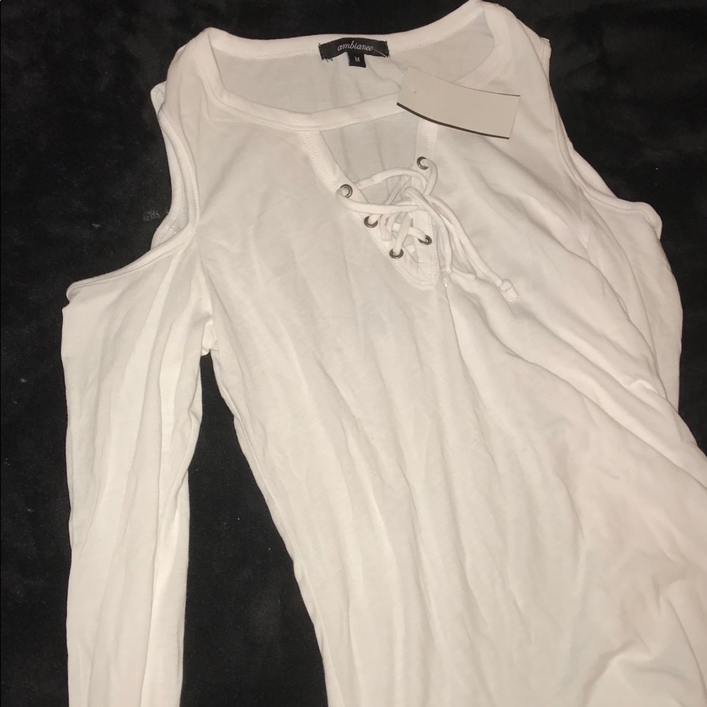 White open-shoulder crosshatched top